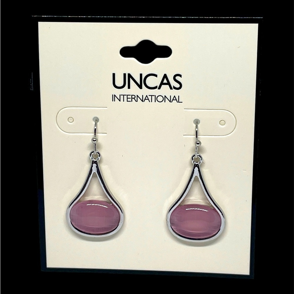 UNCAS International Sliver-tone Teardrop with Pink Stone Accent Earrings NWT
